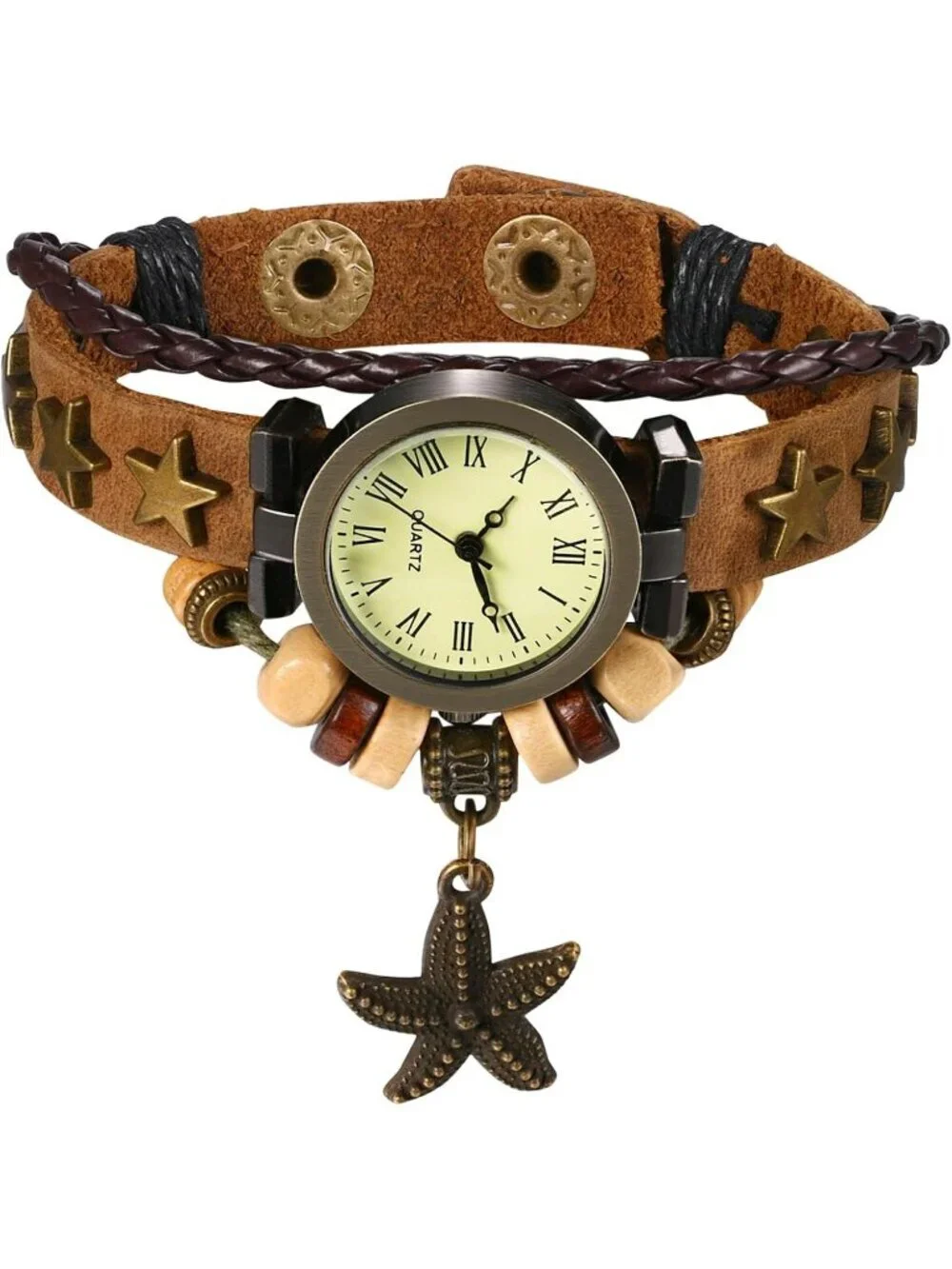 Women's Brown Analog Quartz Star Bracelet Weave Wrap Around Leather Wrist Watch